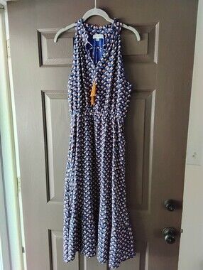 Thml ANTHROPOLOGIE Sleeveless Navy Geometric Midi Dress with Tassel Tie